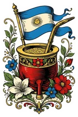 Pegatina Mate con Bandera de Argentina y Flores