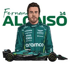 Pegatina Fernando Alonso F1 con coche y dorsal 14