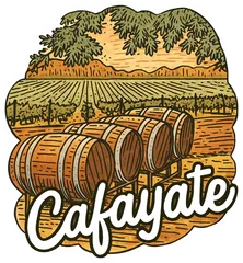 Pegatina Cafayate con viñedos y barricas de vino