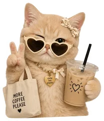 Pegatina Gatito con Gafas de Corazón y Café