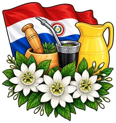 Pegatina Bandera de Paraguay con Tereré y Flores