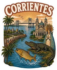 Pegatina Corrientes con Yacaré, Dorado y Puente