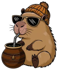 Pegatina Carpincho con Gafas y Gorro Tomando Mate
